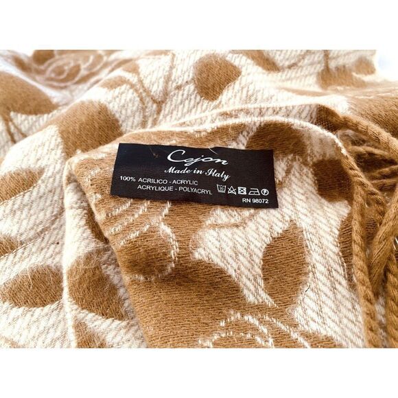Cejon Rose Floral Tan & Cream Ultra Soft Scarf 65" x 11" Fringed Made in Italy - Picture 2 of 4